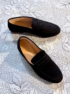 Quince Italian Suede Penny Loafers Black Flats Size 9.5🧡